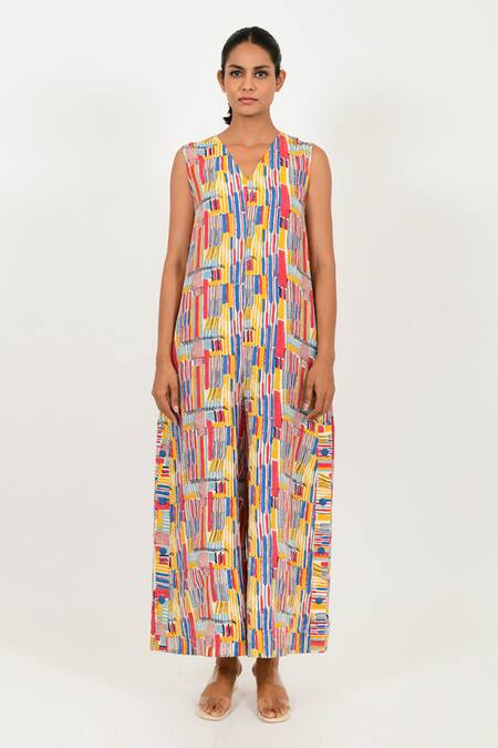 Rias Jaipur Multi Color Linen V-neck Striped Hand Block Print Jumpsuit Online at Aza Fashions Rias Jaipur_Multi Color Linen V-neck Striped Hand Block Print Jumpsuit _Online_at_Aza_Fashions