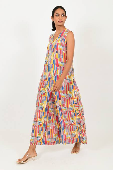 Buy Rias Jaipur Multi Color Linen V-neck Striped Hand Block Print Jumpsuit Online at Aza Fashions Buy_Rias Jaipur_Multi Color Linen V-neck Striped Hand Block Print Jumpsuit _Online_at_Aza_Fashions