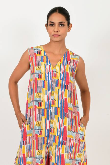 Shop Rias Jaipur Multi Color Linen V-neck Striped Hand Block Print Jumpsuit Online at Aza Fashions Shop_Rias Jaipur_Multi Color Linen V-neck Striped Hand Block Print Jumpsuit _Online_at_Aza_Fashions