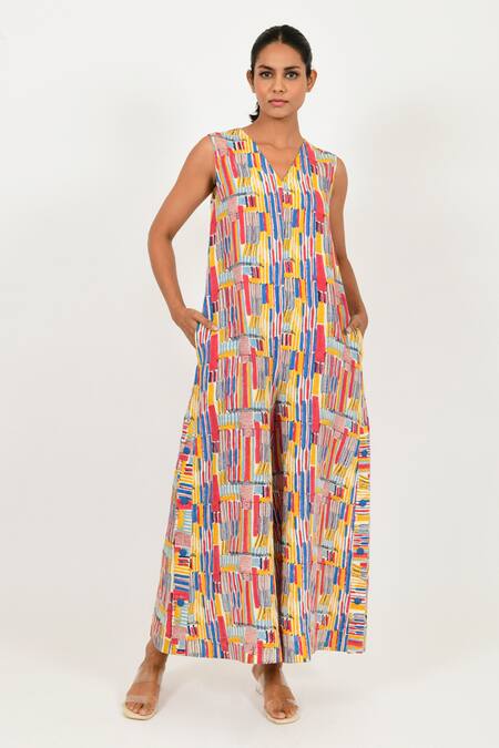 Rias Jaipur Multi Color Linen V-neck Striped Hand Block Print Jumpsuit at Aza Fashions Rias Jaipur_Multi Color Linen V-neck Striped Hand Block Print Jumpsuit _at_Aza_Fashions
