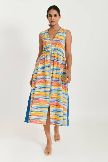 Rias Jaipur Striped Block Print Midi Dress 