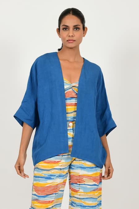 Rias Jaipur Blue 100% Organic Cotton Solid Open Neck Overlay 