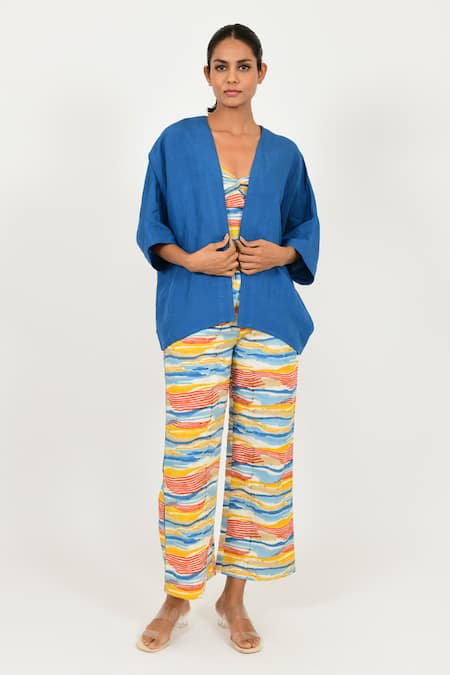 Rias Jaipur Multi Color 100% Organic Cotton Hand Block Printed Striped Top Overlay Pant Set 