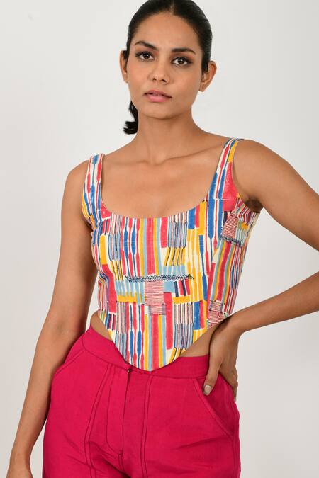 Shop Rias Jaipur Multi Color Cotton Striped Hand Block Print Corset And Pant Set Online at Aza Fashions Shop_Rias Jaipur_Multi Color Cotton Striped Hand Block Print Corset And Pant Set _Online_at_Aza_Fashions