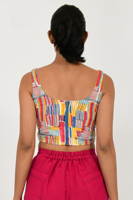 Shop Rias Jaipur Multi Color Cotton Boat Neck Striped Hand Block Print Corset at Aza Fashions Shop_Rias Jaipur_Multi Color Cotton Boat Neck Striped Hand Block Print Corset _at_Aza_Fashions