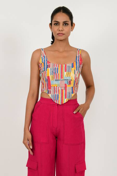 Buy Rias Jaipur Multi Color Cotton Boat Neck Striped Hand Block Print Corset Online at Aza Fashions Buy_Rias Jaipur_Multi Color Cotton Boat Neck Striped Hand Block Print Corset _Online_at_Aza_Fashions
