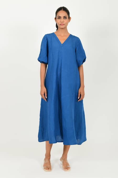 Rias Jaipur Blue 100% Organic Cotton Solid V Neck Dress 