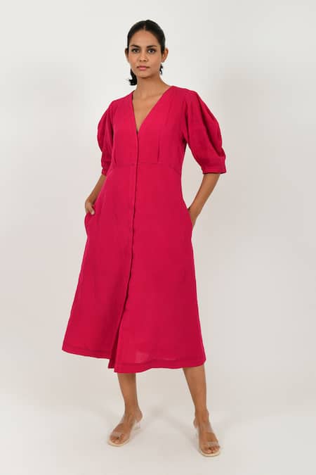 Rias Jaipur Magenta 100% Organic Cotton Solid V Neck Dress 