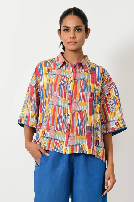 Rias Jaipur Multi Color 100% Organic Cotton Hand Block Printed Striped Shirt 