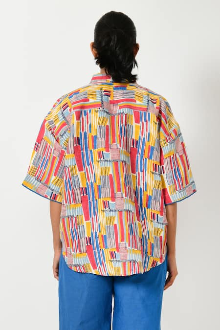 Shop Rias Jaipur Multi Color Cotton Collared Striped Hand Block Print Shirt at Aza Fashions Shop_Rias Jaipur_Multi Color Cotton Collared Striped Hand Block Print Shirt _at_Aza_Fashions