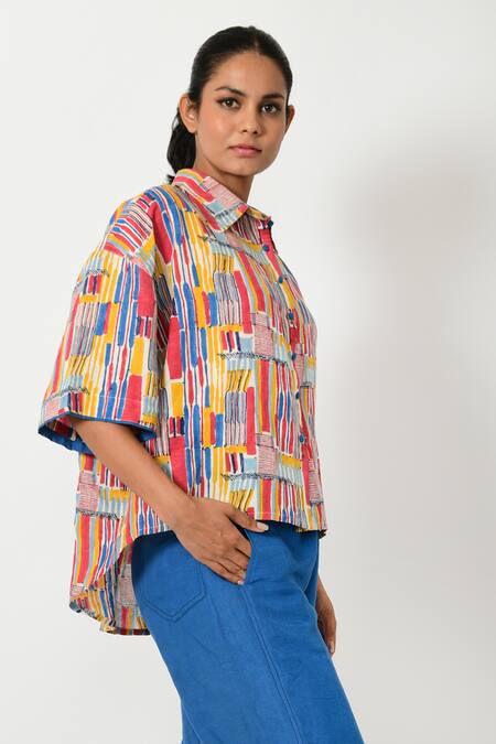 Rias Jaipur Multi Color Cotton Collared Striped Hand Block Print Shirt Online at Aza Fashions Rias Jaipur_Multi Color Cotton Collared Striped Hand Block Print Shirt _Online_at_Aza_Fashions