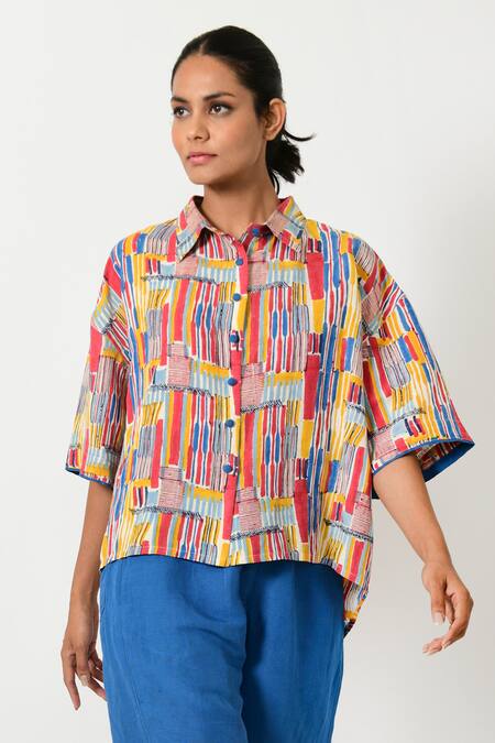 Buy Rias Jaipur Multi Color Cotton Collared Striped Hand Block Print Shirt Online at Aza Fashions Buy_Rias Jaipur_Multi Color Cotton Collared Striped Hand Block Print Shirt _Online_at_Aza_Fashions