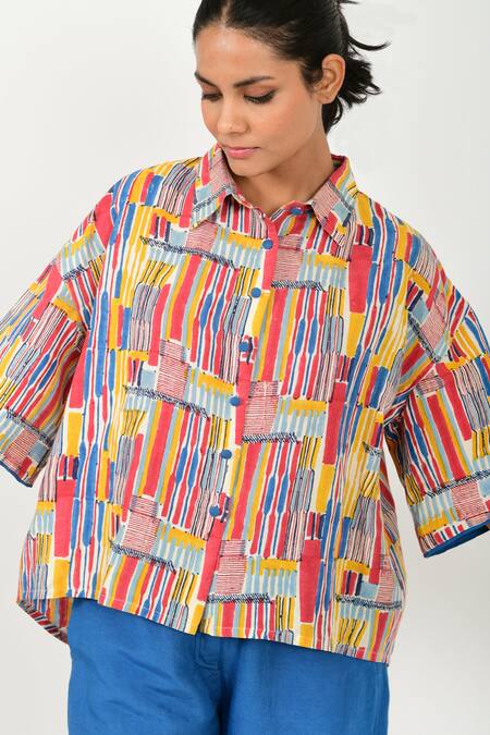 Shop Rias Jaipur Multi Color Cotton Collared Striped Hand Block Print Shirt Online at Aza Fashions Shop_Rias Jaipur_Multi Color Cotton Collared Striped Hand Block Print Shirt _Online_at_Aza_Fashions