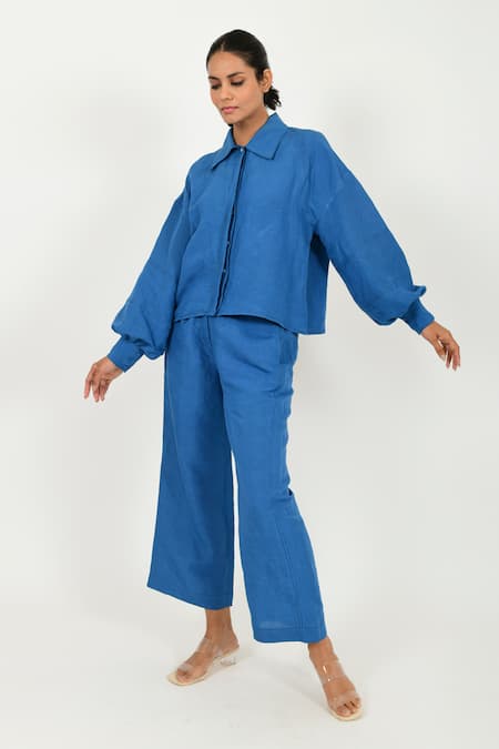 Rias Jaipur Blue 100% Organic Cotton Solid Collar Shirt And Pant Set 