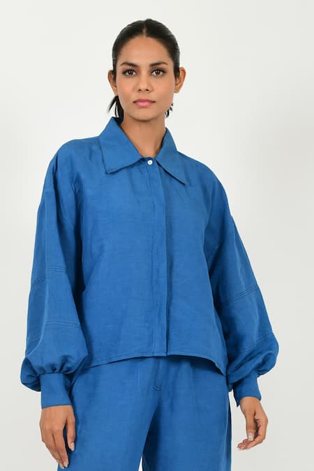 Rias Jaipur Blue 100% Organic Cotton Solid Collar Puffed Sleeve Shirt 