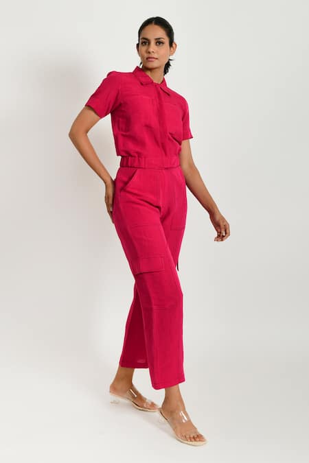 Rias Jaipur_Magenta Cotton Collared Solid Shirt And Pant Set _Online_at_Aza_Fashions