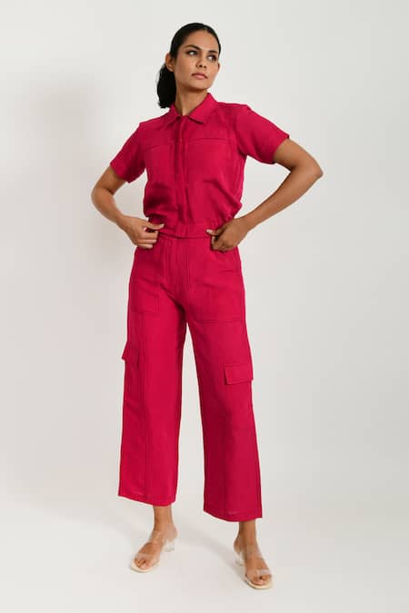 Buy_Rias Jaipur_Magenta Cotton Collared Solid Shirt And Pant Set _Online_at_Aza_Fashions