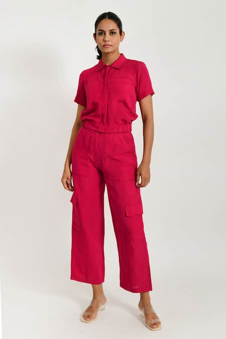 Shop_Rias Jaipur_Magenta Cotton Collared Solid Shirt And Pant Set _Online_at_Aza_Fashions