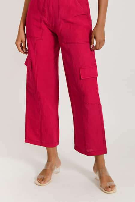 Rias Jaipur_Magenta Cotton Collared Solid Shirt And Pant Set _at_Aza_Fashions