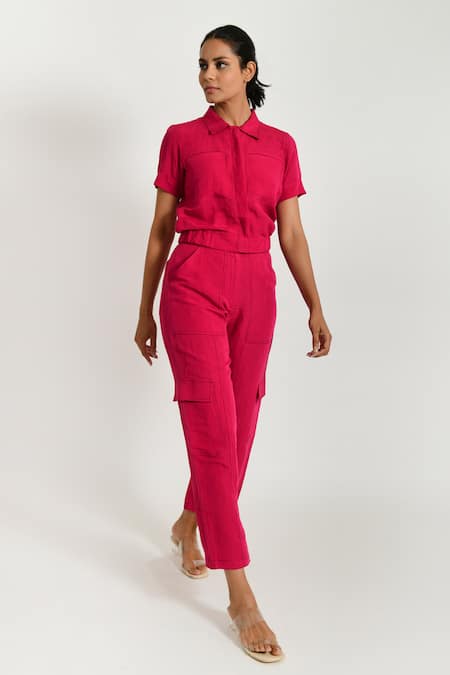 Shop Rias Jaipur Magenta Cotton Collared Solid Short Sleeve Shirt Online at Aza Fashions Shop_Rias Jaipur_Magenta Cotton Collared Solid Short Sleeve Shirt _Online_at_Aza_Fashions