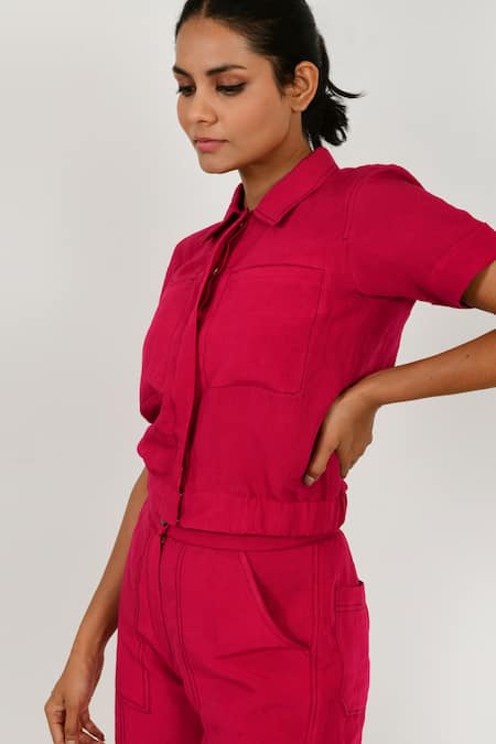 Rias Jaipur Magenta Cotton Collared Solid Short Sleeve Shirt at Aza Fashions Rias Jaipur_Magenta Cotton Collared Solid Short Sleeve Shirt _at_Aza_Fashions