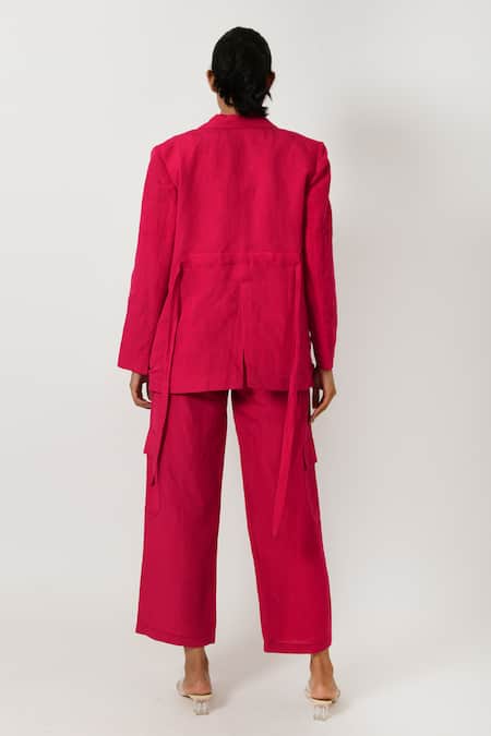 Shop Rias Jaipur Magenta Cotton Collared, Bandeau Neck Solid Jacket Pant Set at Aza Fashions Shop_Rias Jaipur_Magenta Cotton Collared, Bandeau Neck Solid Jacket Pant Set _at_Aza_Fashions