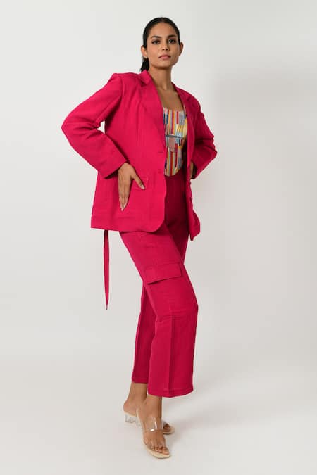 Rias Jaipur Magenta Cotton Collared, Bandeau Neck Solid Jacket Pant Set Online at Aza Fashions Rias Jaipur_Magenta Cotton Collared, Bandeau Neck Solid Jacket Pant Set _Online_at_Aza_Fashions