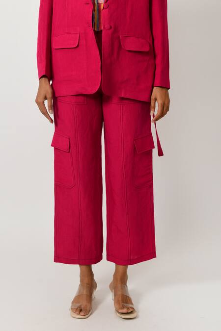 Buy Rias Jaipur Magenta Cotton Collared, Bandeau Neck Solid Jacket Pant Set Online at Aza Fashions Buy_Rias Jaipur_Magenta Cotton Collared, Bandeau Neck Solid Jacket Pant Set _Online_at_Aza_Fashions