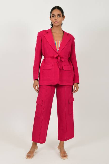 Shop Rias Jaipur Magenta Cotton Collared, Bandeau Neck Solid Jacket Pant Set Online at Aza Fashions Shop_Rias Jaipur_Magenta Cotton Collared, Bandeau Neck Solid Jacket Pant Set _Online_at_Aza_Fashions