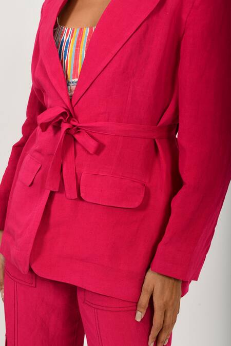 Rias Jaipur Magenta Cotton Collared, Bandeau Neck Solid Jacket Pant Set at Aza Fashions Rias Jaipur_Magenta Cotton Collared, Bandeau Neck Solid Jacket Pant Set _at_Aza_Fashions