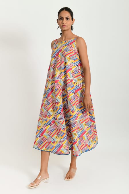 Rias Jaipur Multi Color 100% Organic Cotton Hand Block Printed Sleeveless Dress 