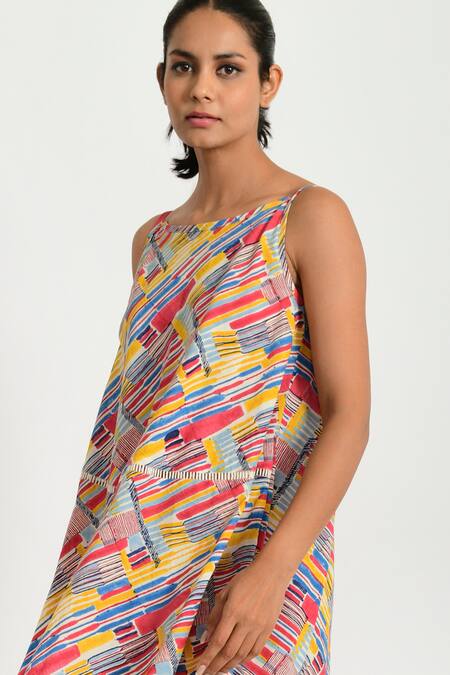 Rias Jaipur Multi Color Cotton, Gingham Lace Round Striped Hand Block Print Sleeveless Dress Online at Aza Fashions Rias Jaipur_Multi Color Cotton, Gingham Lace Round Striped Hand Block Print Sleeveless Dress _Online_at_Aza_Fashions