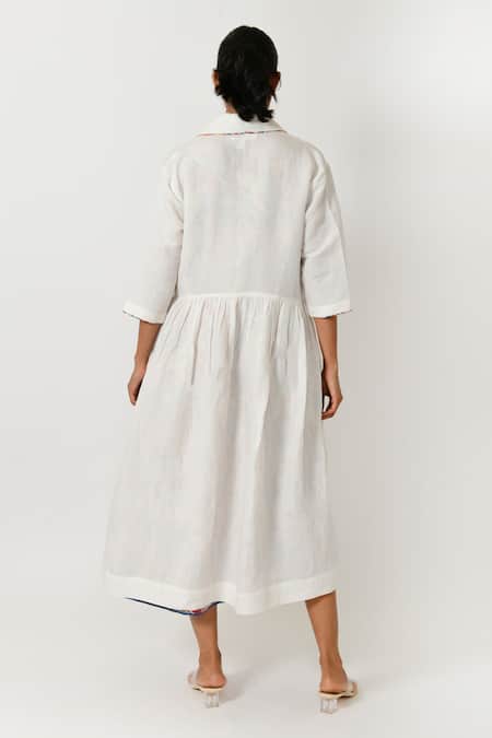 Shop Rias Jaipur Off White Cotton Round Neck Striped Hand Block Print Dress With Jacket at Aza Fashions Shop_Rias Jaipur_Off White Cotton Round Neck Striped Hand Block Print Dress With Jacket _at_Aza_Fashions