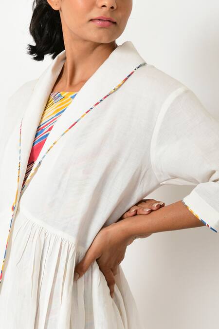 Buy Rias Jaipur Off White Cotton Round Neck Striped Hand Block Print Dress With Jacket Online at Aza Fashions Buy_Rias Jaipur_Off White Cotton Round Neck Striped Hand Block Print Dress With Jacket _Online_at_Aza_Fashions