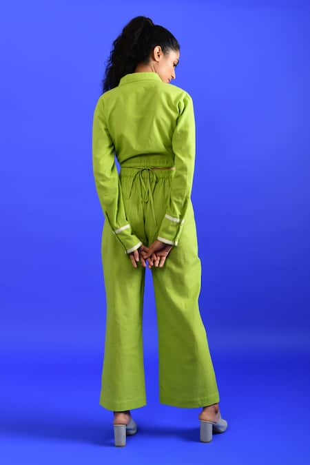 Shop_Rias Jaipur_Green Handloom Cotton Collared Contrast Panel Pattern Top With Pant _at_Aza_Fashions