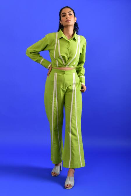 Rias Jaipur_Green Handloom Cotton Collared Contrast Panel Pattern Top With Pant _Online_at_Aza_Fashions
