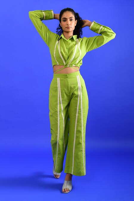 Shop_Rias Jaipur_Green Handloom Cotton Collared Contrast Panel Pattern Top With Pant _Online_at_Aza_Fashions