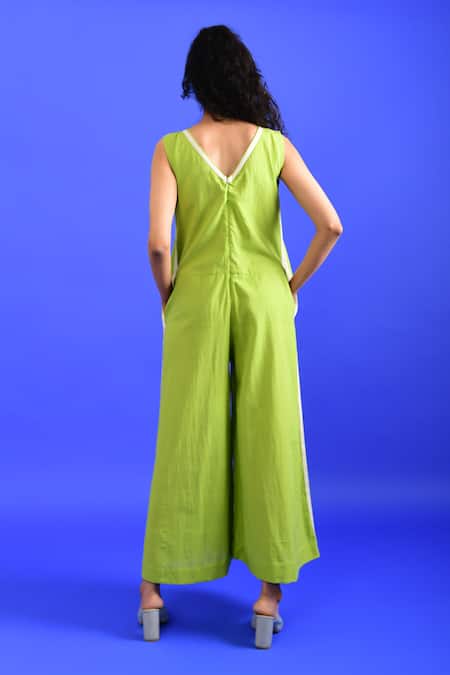 Shop_Rias Jaipur_Green Handloom Cotton V-neck Handwoven Plain Jumpsuit _at_Aza_Fashions