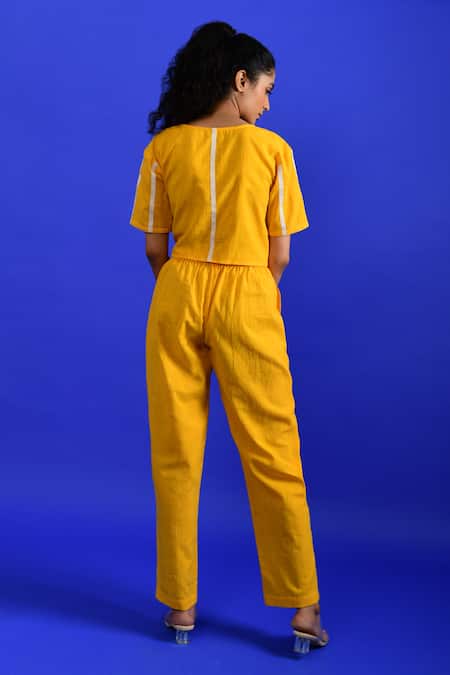 Shop_Rias Jaipur_Yellow Handloom Cotton Round Neck Iced Mango Handwoven Top With Pant _at_Aza_Fashions