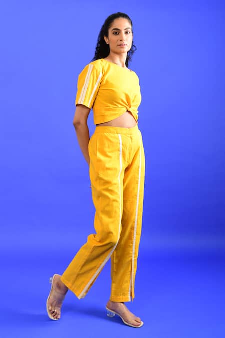 Rias Jaipur_Yellow Handloom Cotton Round Neck Iced Mango Handwoven Top With Pant _Online_at_Aza_Fashions