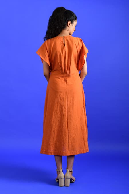 Shop_Rias Jaipur_Orange Handloom Cotton Round Neck Popsicle Midi Dress _at_Aza_Fashions