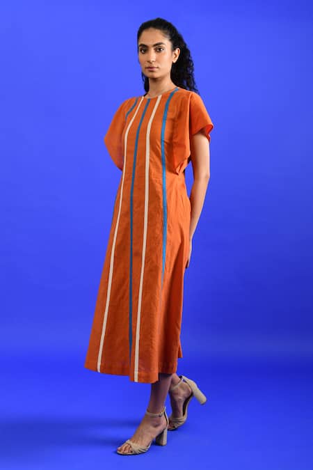 Rias Jaipur_Orange Handloom Cotton Round Neck Popsicle Midi Dress _Online_at_Aza_Fashions
