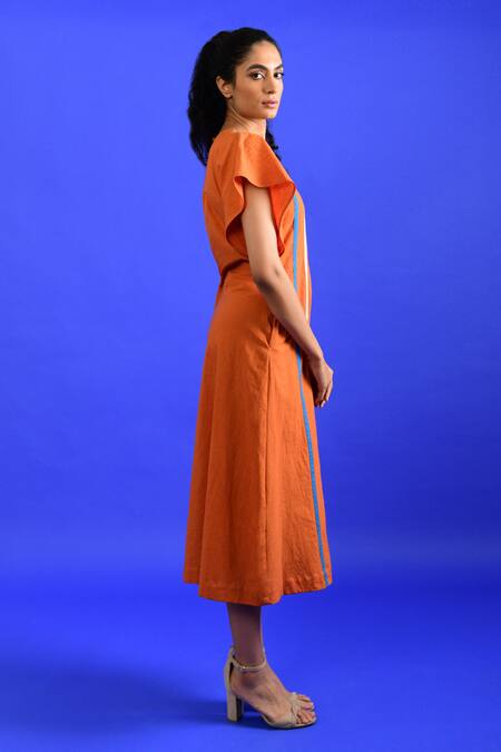 Buy_Rias Jaipur_Orange Handloom Cotton Round Neck Popsicle Midi Dress _Online_at_Aza_Fashions