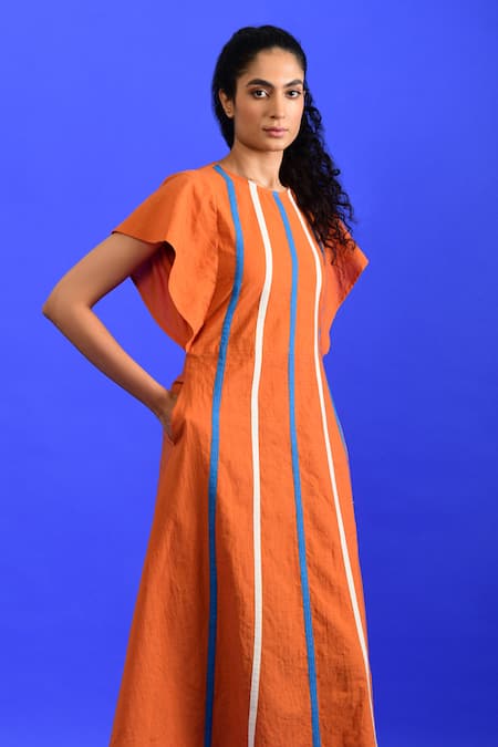 Rias Jaipur_Orange Handloom Cotton Round Neck Popsicle Midi Dress _at_Aza_Fashions