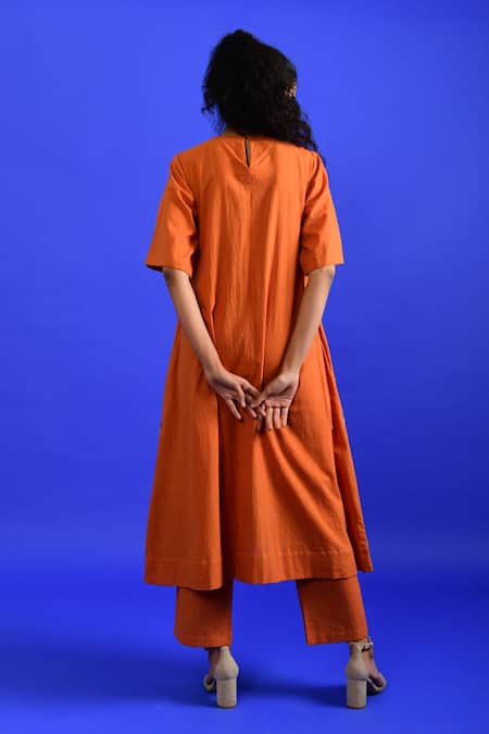 Shop_Rias Jaipur_Orange Handloom , Round Neck Popsicle Handwoven Kurta With Pant _at_Aza_Fashions