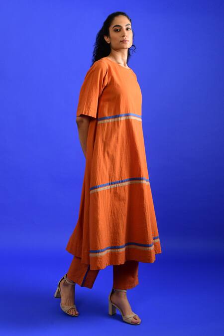 Rias Jaipur_Orange Handloom , Round Neck Popsicle Handwoven Kurta With Pant _Online_at_Aza_Fashions