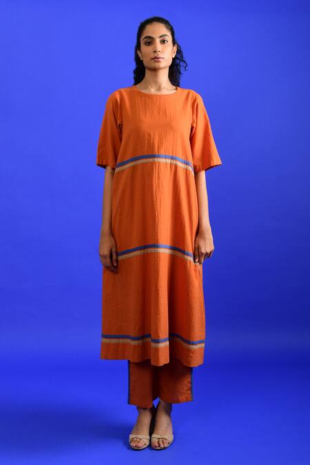 Buy_Rias Jaipur_Orange Handloom , Round Neck Popsicle Handwoven Kurta With Pant _Online_at_Aza_Fashions