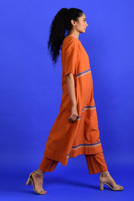 Shop_Rias Jaipur_Orange Handloom , Round Neck Popsicle Handwoven Kurta With Pant _Online_at_Aza_Fashions