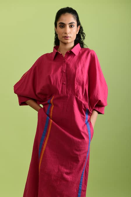 Buy_Rias Jaipur_Magenta Handloom Cotton Collared Viva Handwoven Dress _Online_at_Aza_Fashions