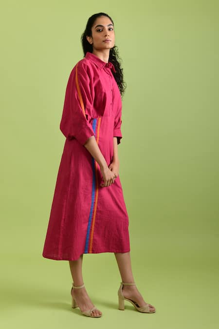 Shop_Rias Jaipur_Magenta Handloom Cotton Collared Viva Handwoven Dress _Online_at_Aza_Fashions